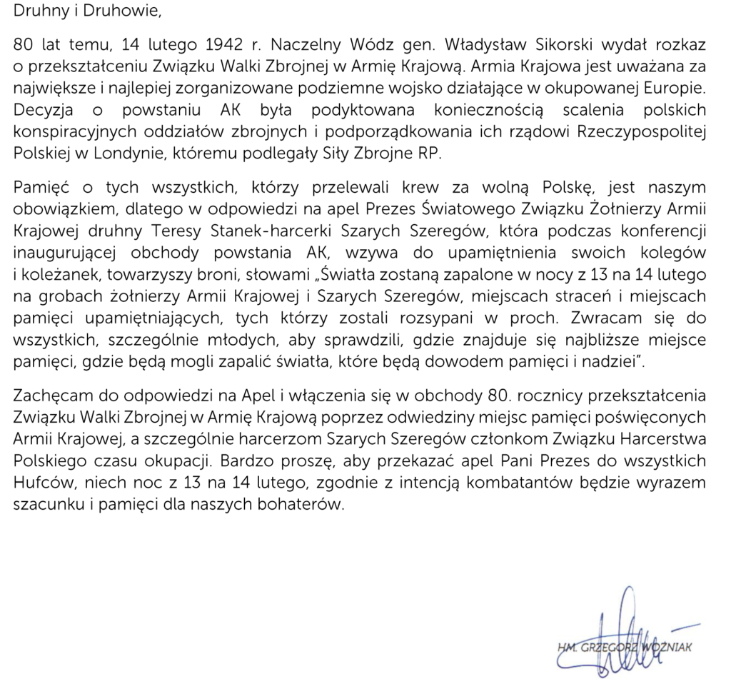 Przyłączmy się do apelu Prezes ŚZŻAK o zapalenie świateł pamięci w 80. rocznicę powołania AK 1 Druhny i Druhowie