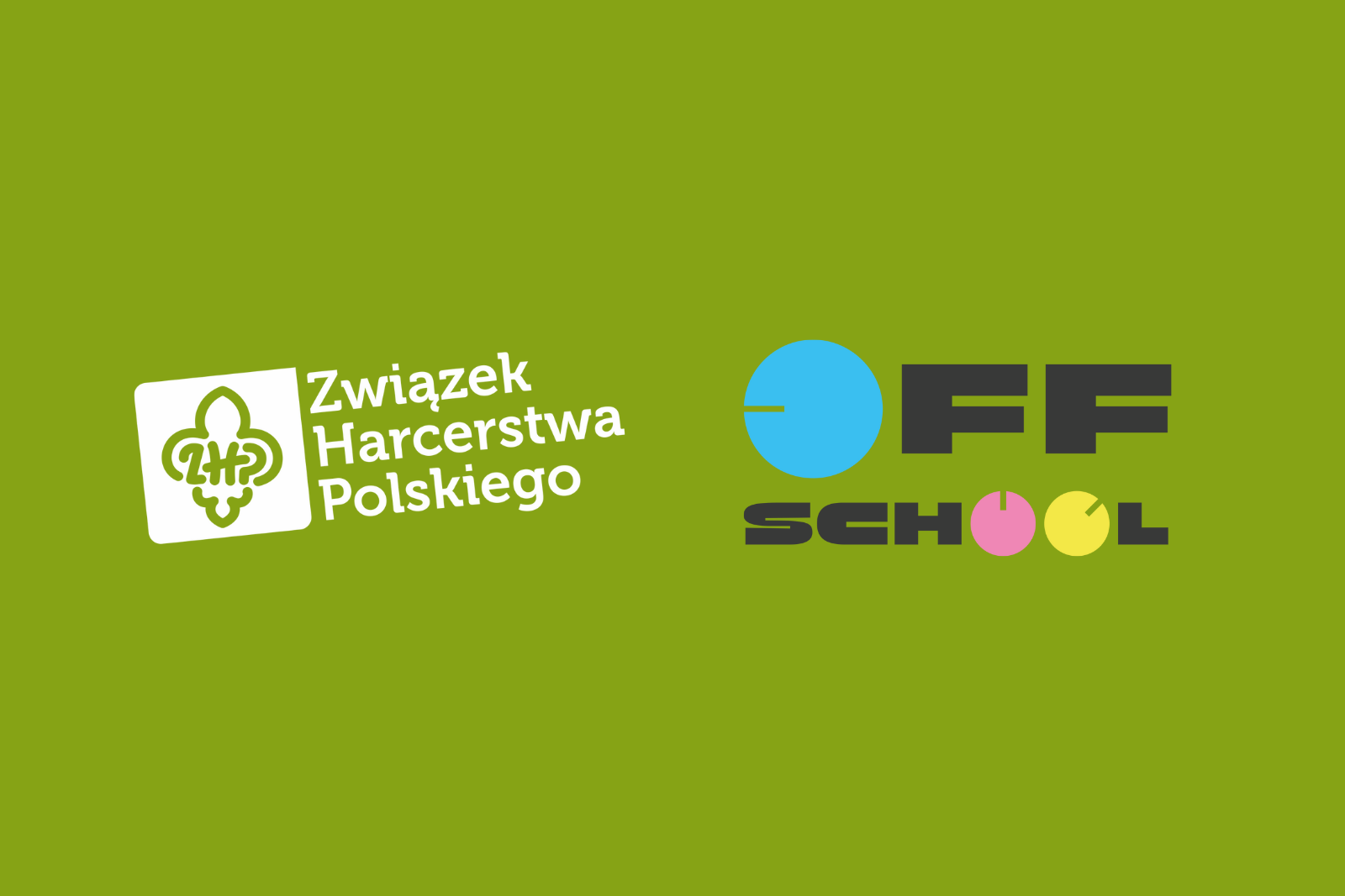 Współpraca z Fundacją OFF school. Na zielonym tle widnieje biały logotyp ZHP oraz logotyp Fundacji OFF school.