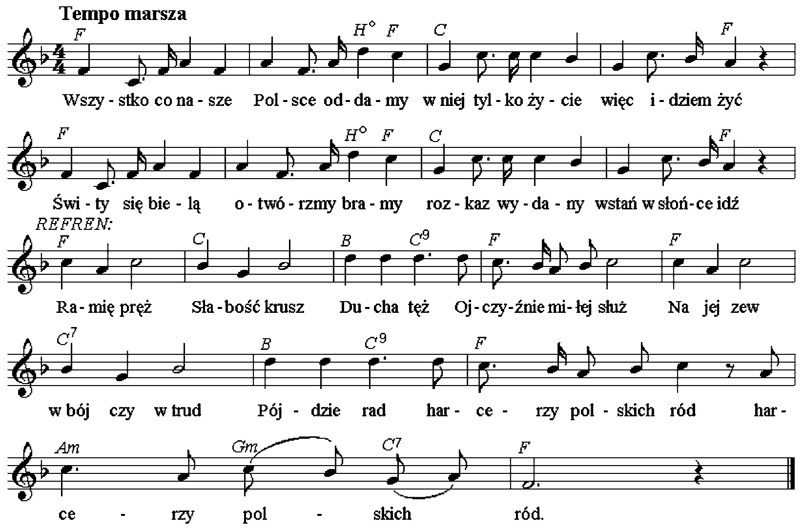 Zapis nutowy oraz tekst Hymnu ZHP.